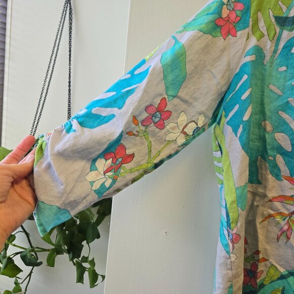 Sharon Young Linen Tropical‎ Floral Print Womens Tunic Button Back L - Picture 3 of 9